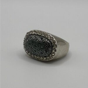 Lia Sophia Silver-Tone Black Textured Oval Crystal Statement Ring Size 7